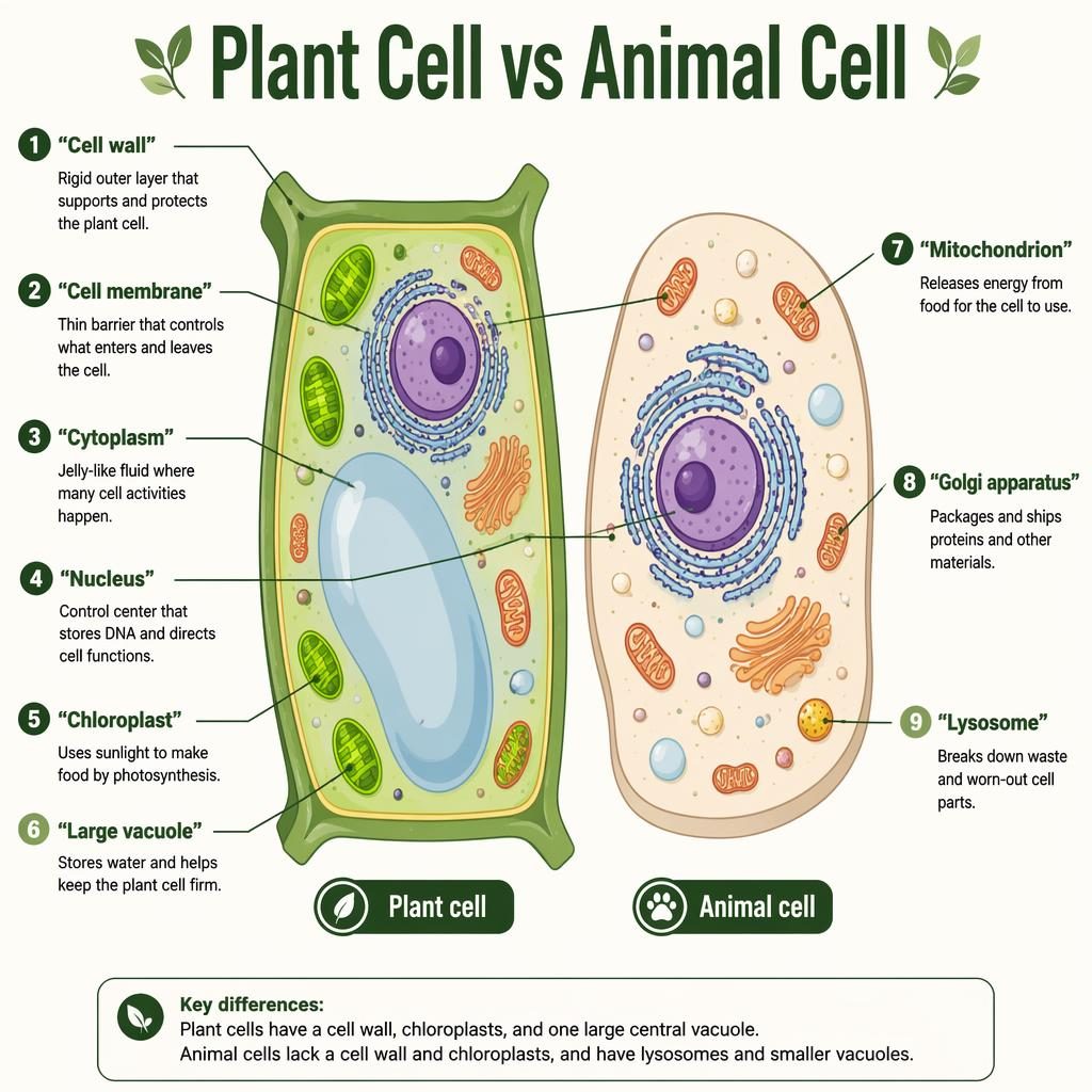 Kids biology infographic comparing a labeled plant cell and animal cell side by side with 9 organelle callouts.