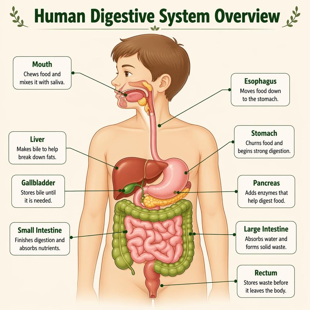 Flat anatomy infographic of a child-friendly human torso cross-section with 9 labeled digestive organs on beige background.