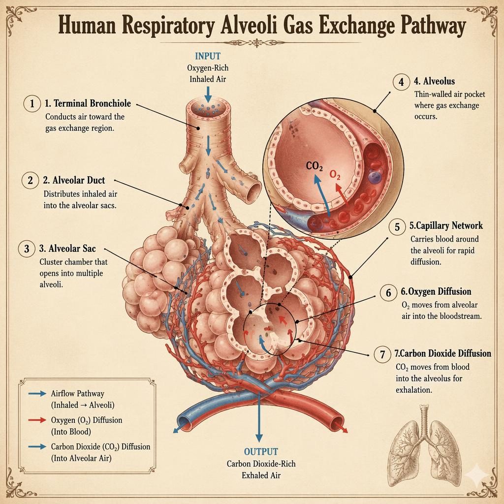 Vintage-style labeled diagram of human alveoli gas exchange with bronchiole, alveolar duct, sacs, capillaries, and arrows