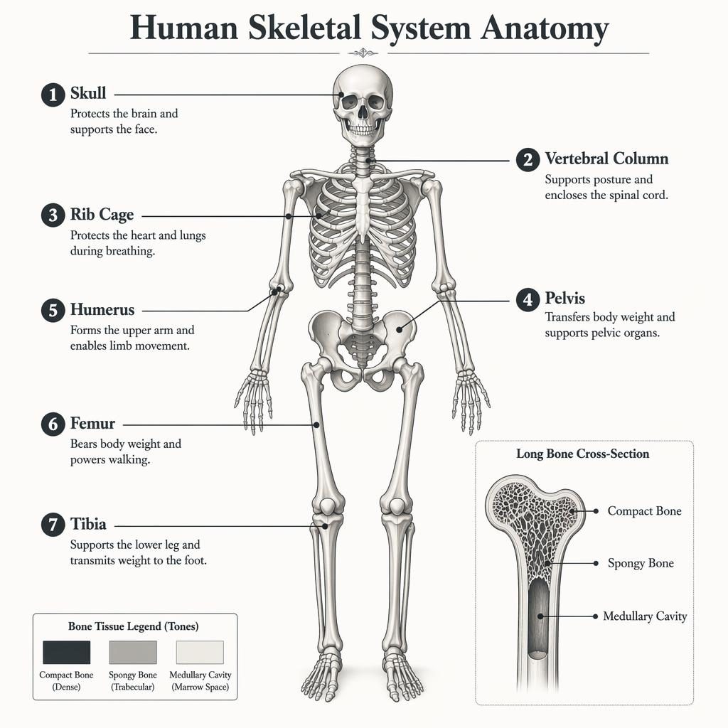 Monochrome medical infographic of a full-body anterior human skeleton with 7 labels and a long-bone cross-section inset.