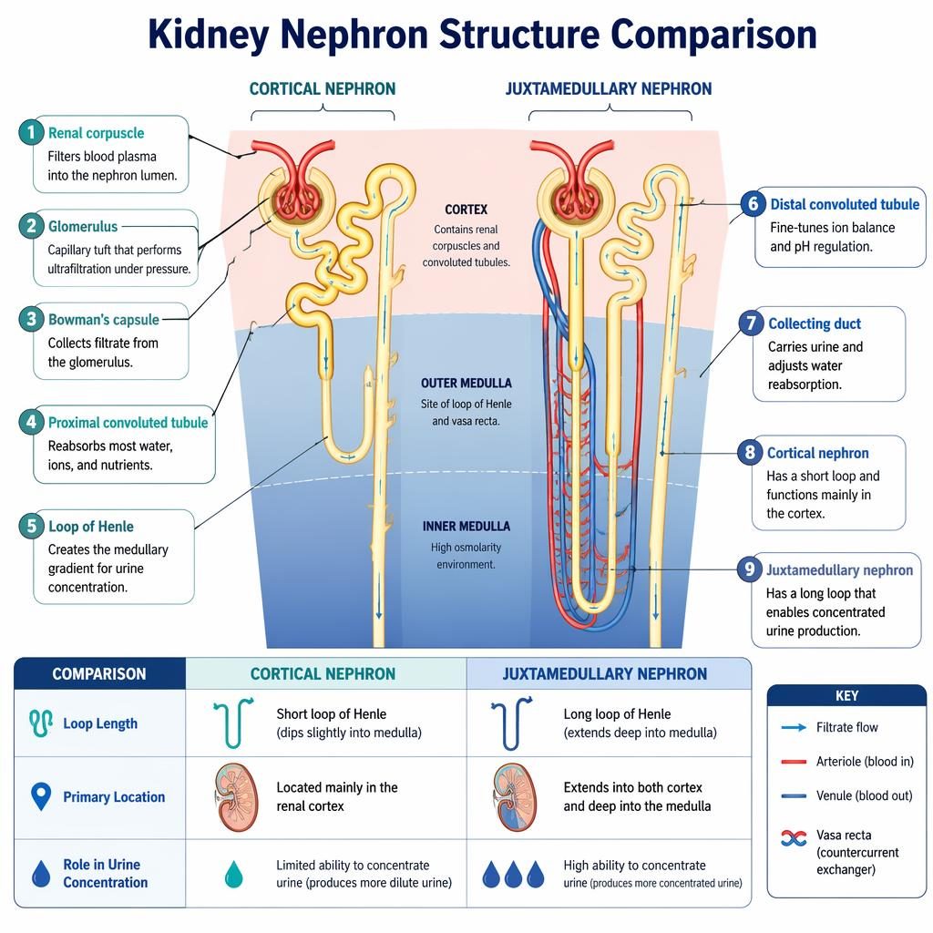 Labeled kidney infographic comparing cortical and juxtamedullary nephrons with 9 anatomy labels, flow arrows, and legend.