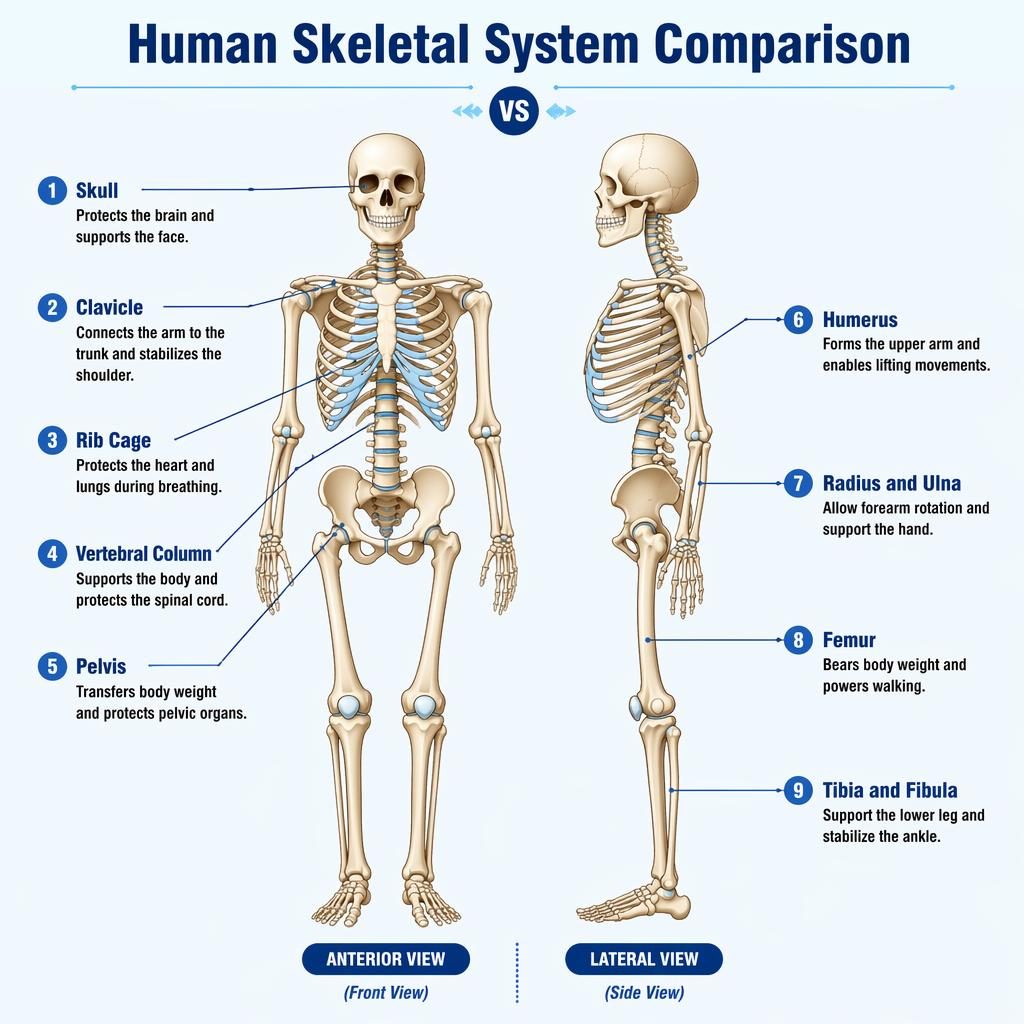 Educational infographic showing anterior and lateral human skeleton views with 9 labeled bones and function notes in blue tones.