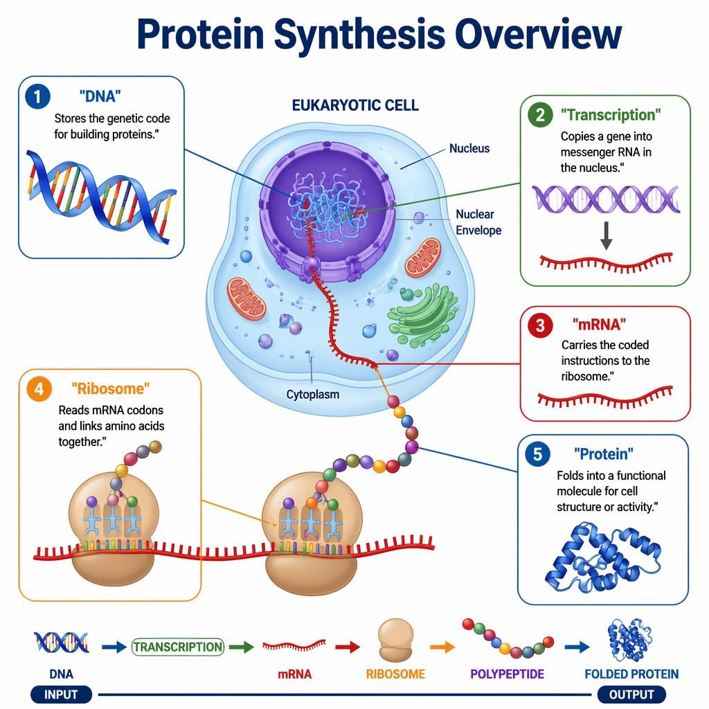 Educational protein synthesis infographic with DNA, transcription, mRNA, ribosome, and folded protein in a eukaryotic cell.