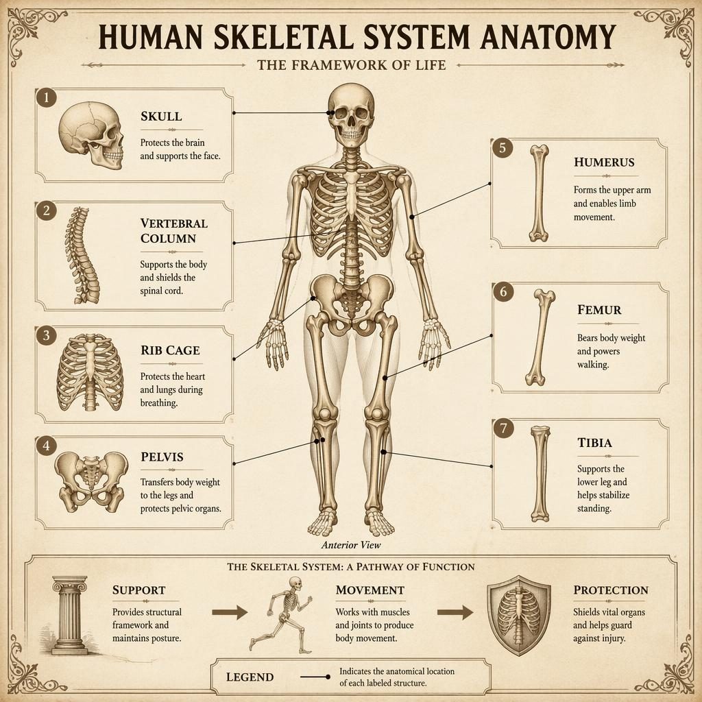 Vintage-style human skeletal system anatomy infographic with labeled skull, spine, rib cage, pelvis, humerus, femur, tibia.