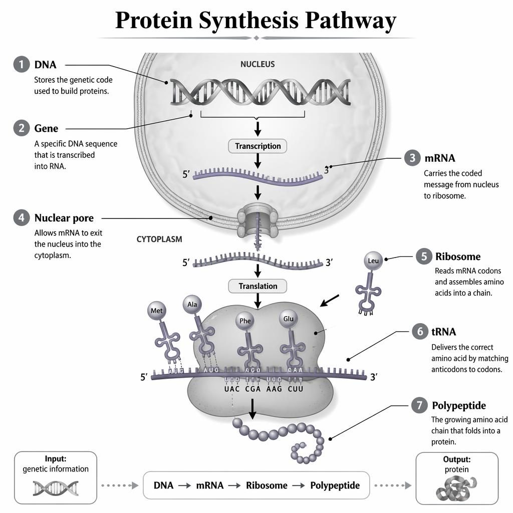 Monochrome biological infographic showing DNA to mRNA to ribosome to polypeptide with 7 labeled components and arrows.