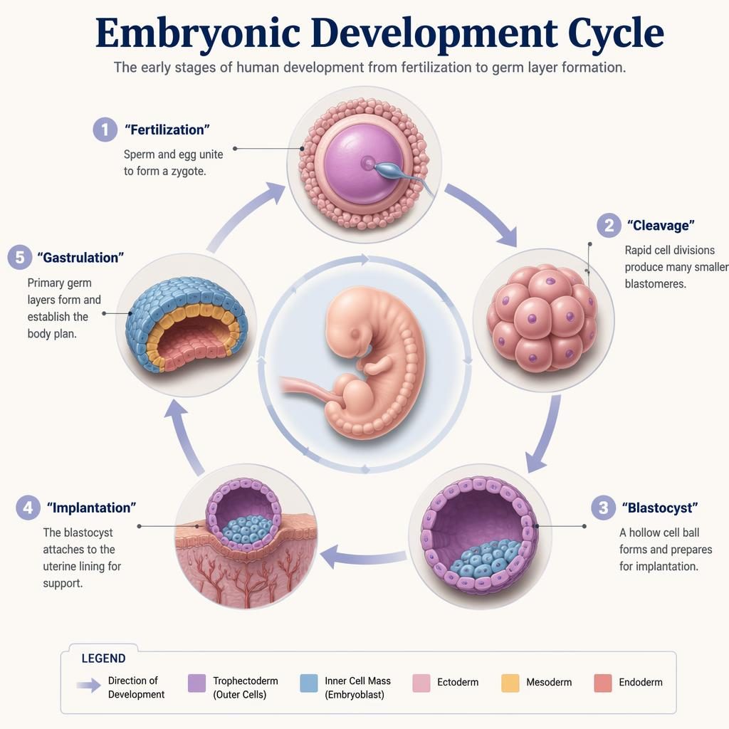 Circular embryonic development infographic with 5 labeled stages, arrows, pastel isometric 3D biology illustrations.