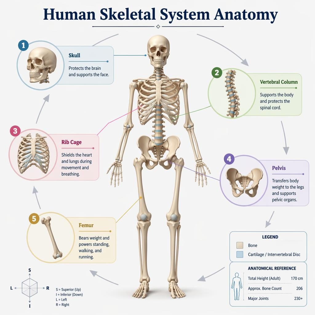 Educational isometric 3D infographic of a full human skeleton with 5 labeled parts in a circular layout and spine anatomy labeled.