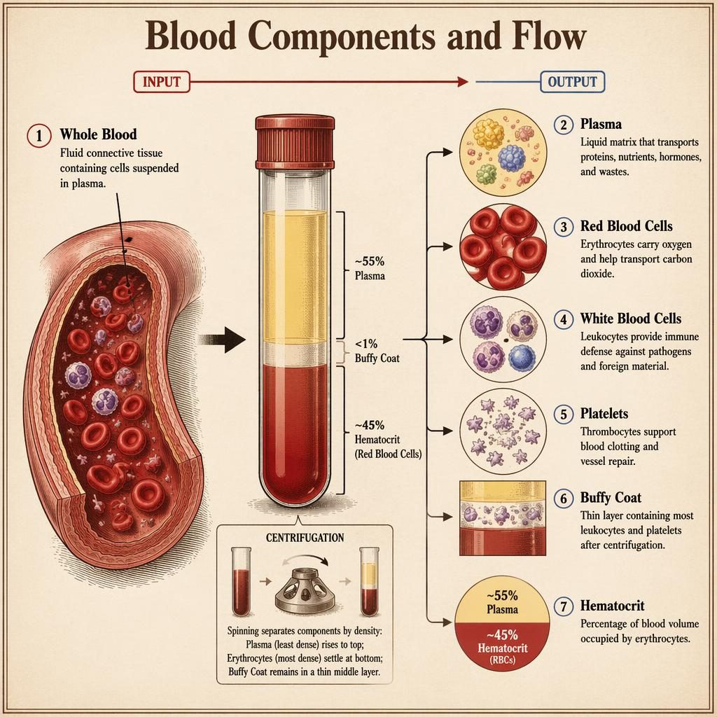 Vintage-style biology infographic showing blood components and flow with labeled whole blood, plasma, cells, platelets, buffy coat.