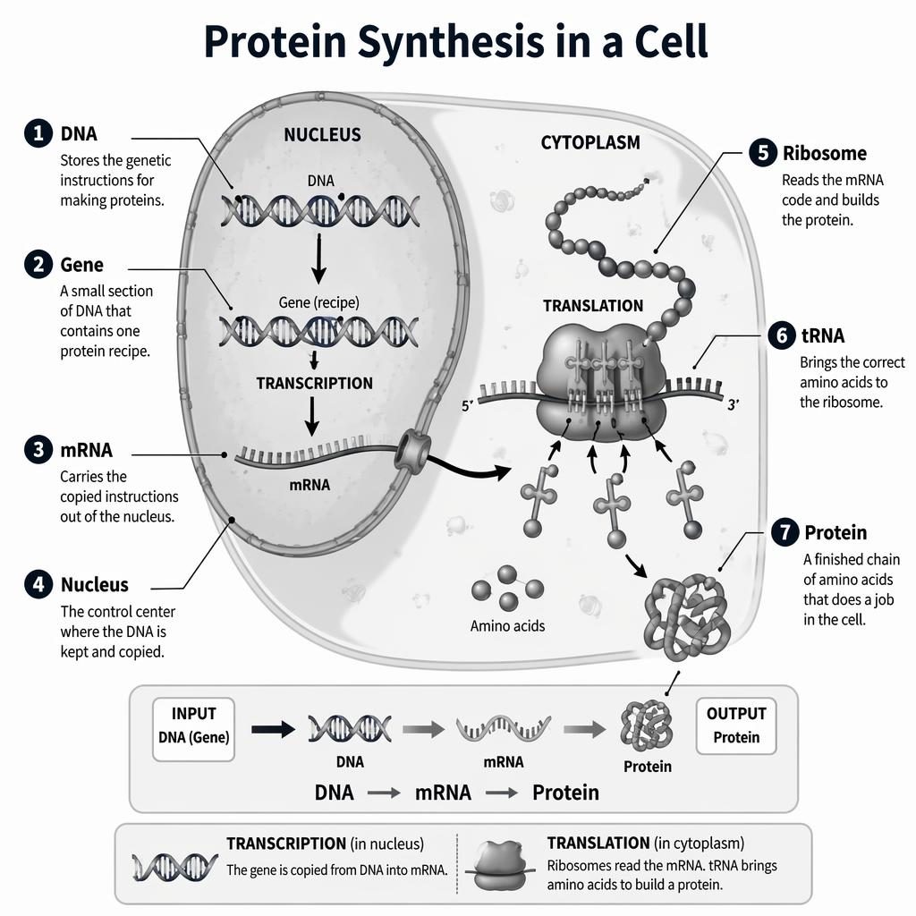 Kid-friendly cell infographic showing DNA to mRNA to protein from nucleus to cytoplasm with labeled parts and arrows.