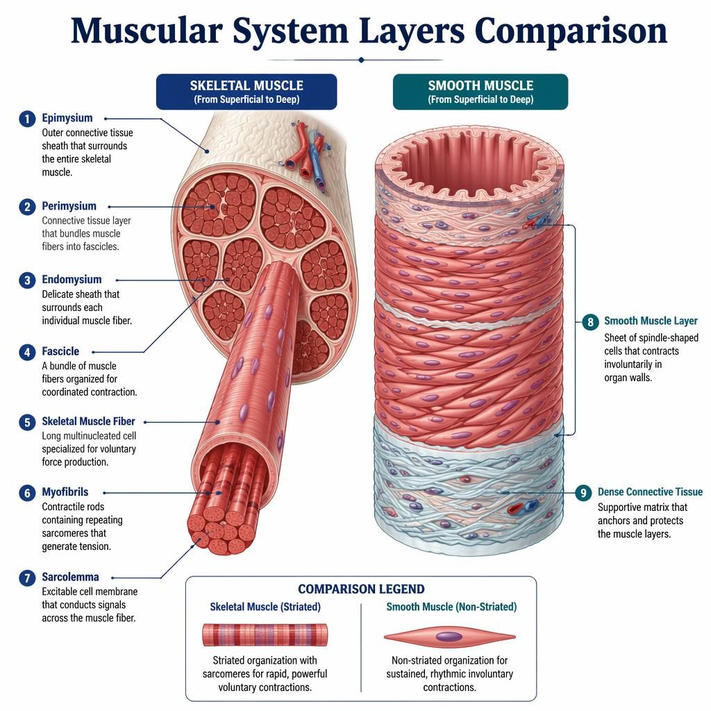 Educational anatomy infographic comparing skeletal and smooth muscle layers with 9 labeled parts and legend on white.