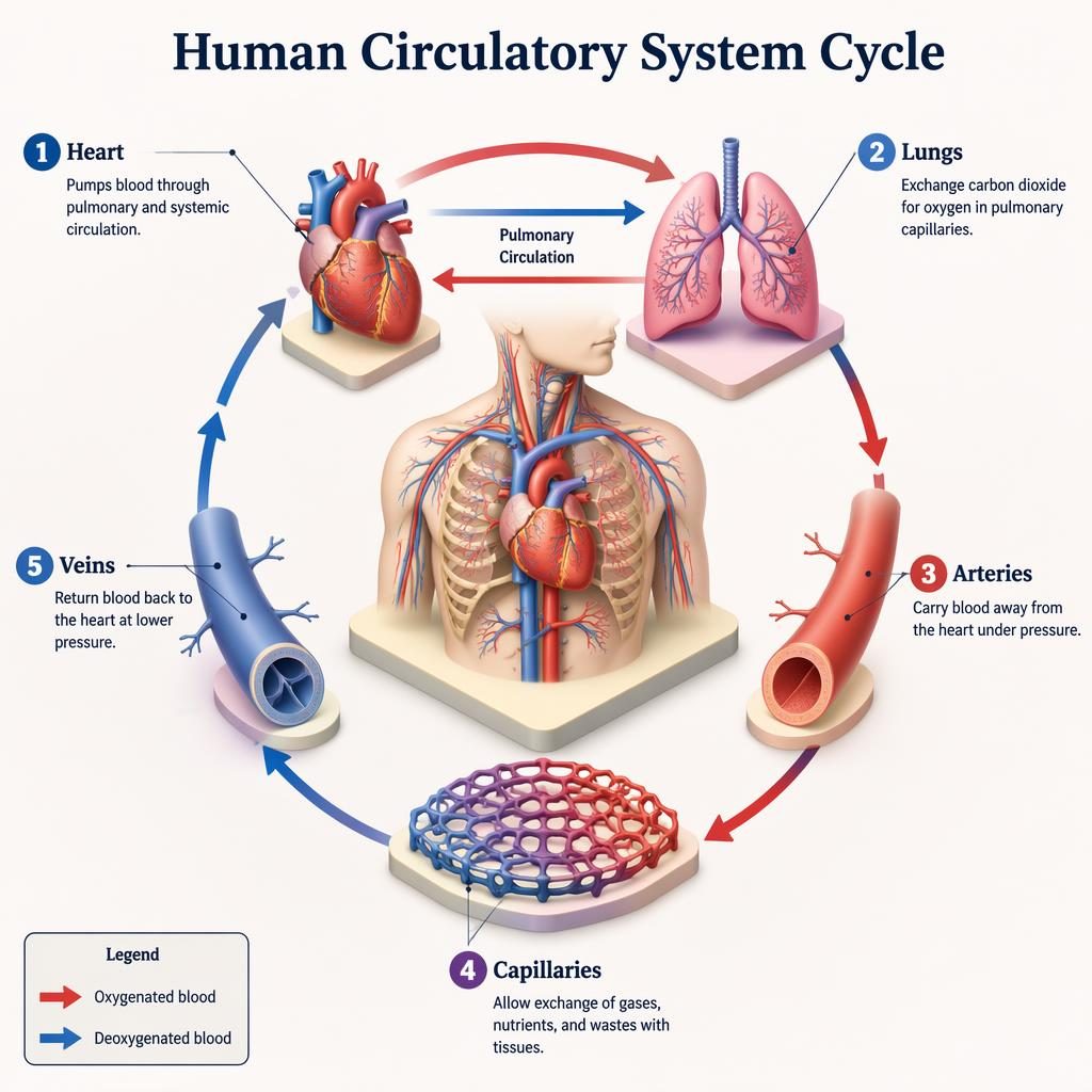 Isometric 3D human circulatory system cycle infographic with heart, lungs, arteries, capillaries, veins, and flow arrows