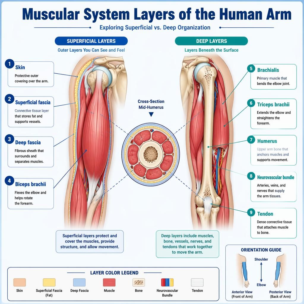Infographic compares superficial and deep human upper arm muscle layers with labeled cross-sections and cutaway views.
