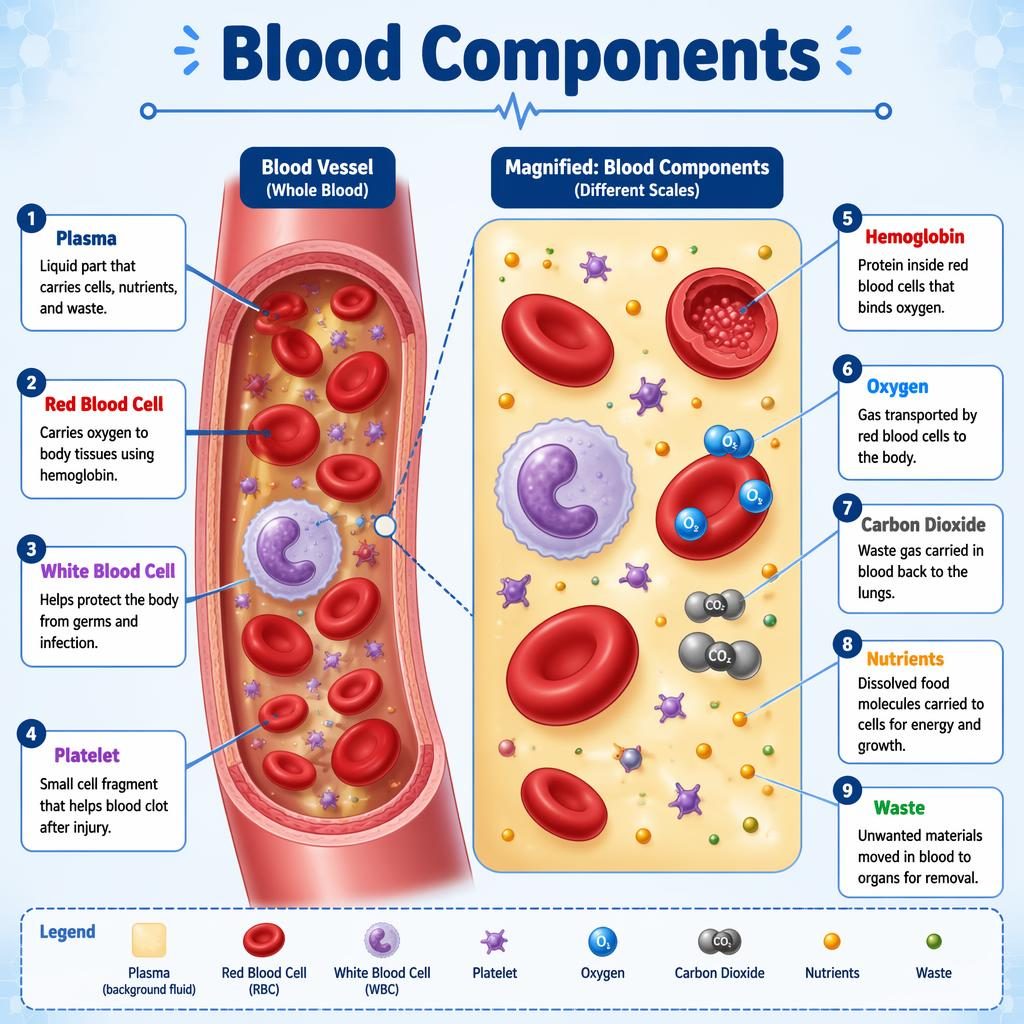 Kid-friendly blood components infographic with labeled vessel cross-section, plasma, red and white blood cells, platelets.