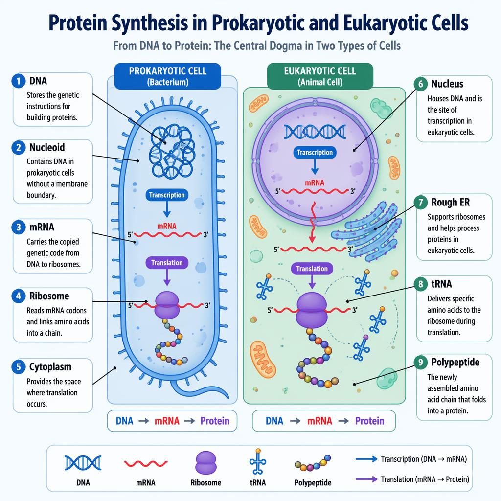 Colorful biology infographic comparing prokaryotic and eukaryotic protein synthesis with 9 labeled parts and DNA to mRNA to protein flow.