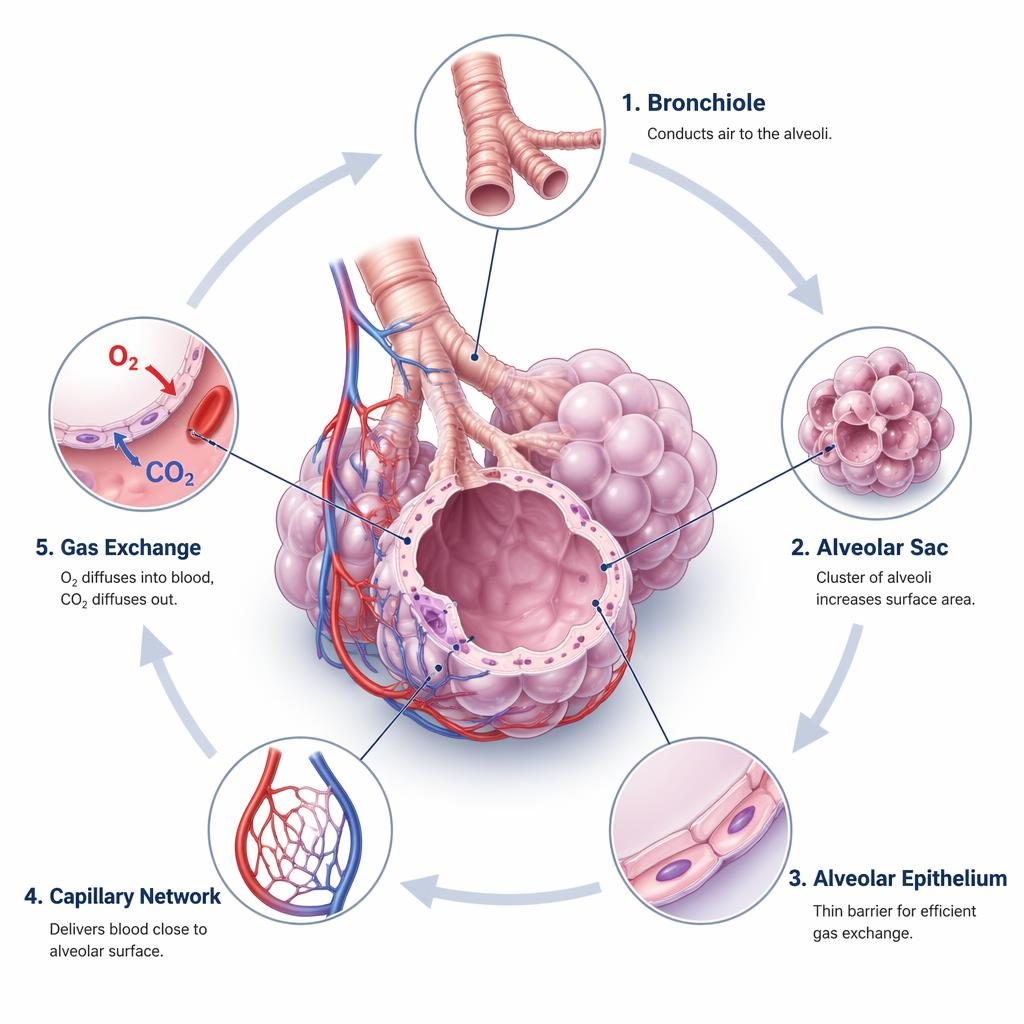 Isometric 3D infographic of respiratory alveoli in a circular arrow cycle with five callout labels in a soft pastel palette