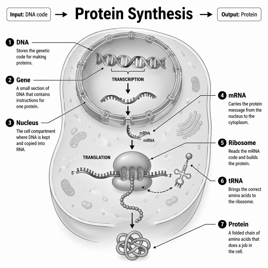 Educational protein synthesis infographic in a eukaryotic cell with labeled DNA, gene, nucleus, mRNA, ribosome, tRNA, protein.