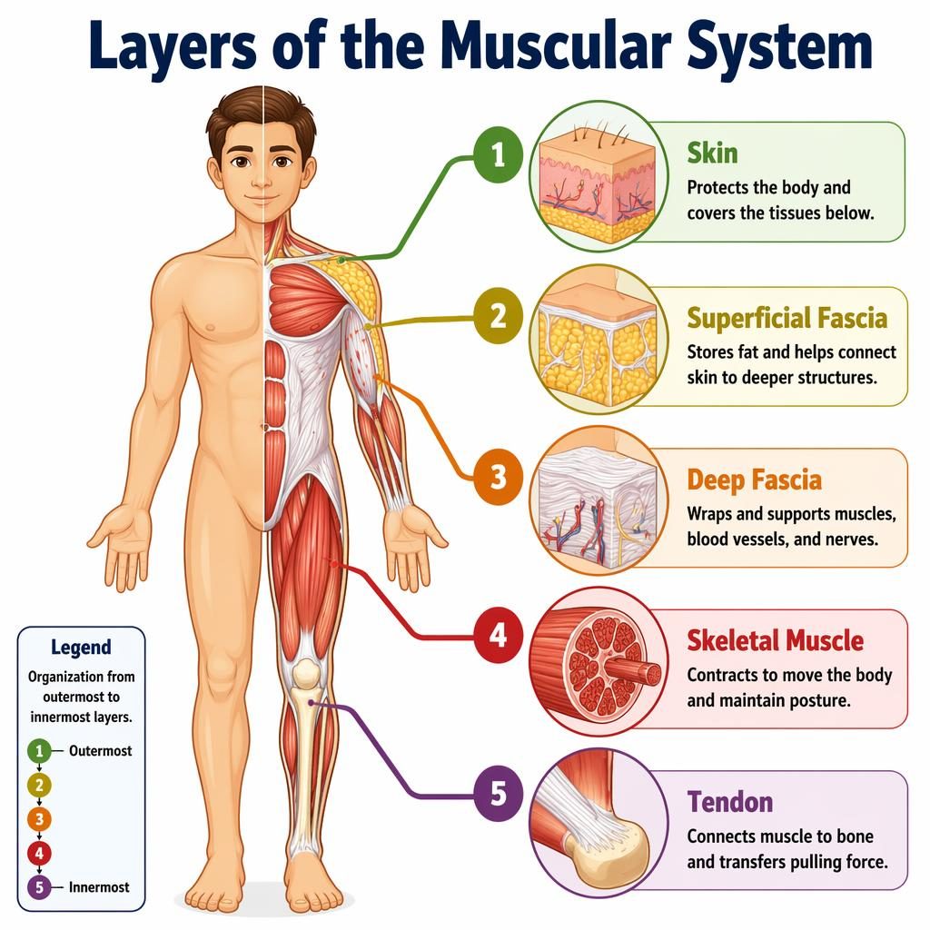 Kids anatomy infographic of human body layers with labeled skin, fascia, skeletal muscle, and tendon branches.