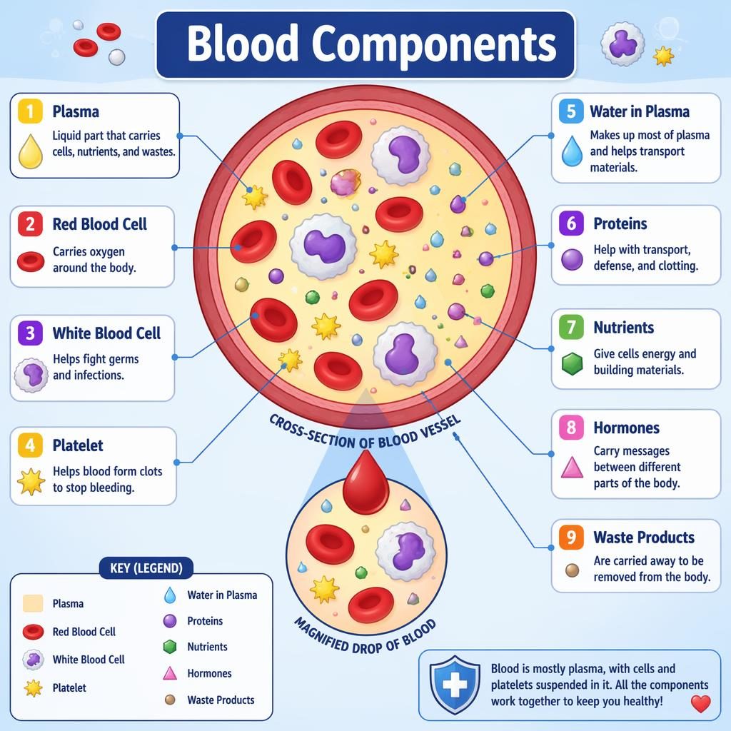Kid-friendly blood components infographic with labeled vessel cross-section, magnified blood drop inset, legend, and 9 parts