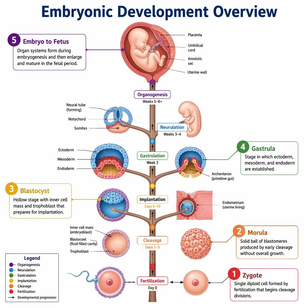 Biology infographic of embryonic development tree with zygote, morula, blastocyst, gastrula, and embryo to fetus labels.