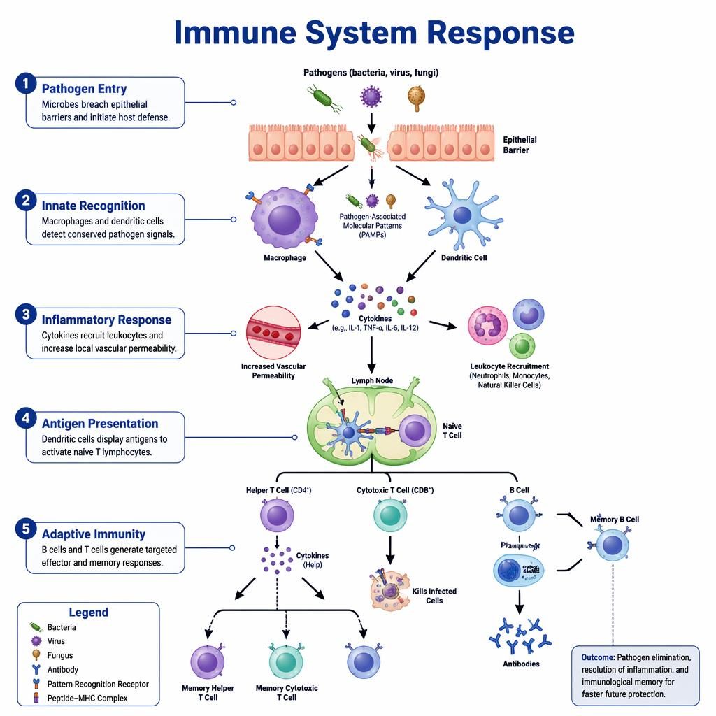 Medical infographic showing a branching immune response pathway with 5 labeled stages, cells, arrows, and adaptive immunity.