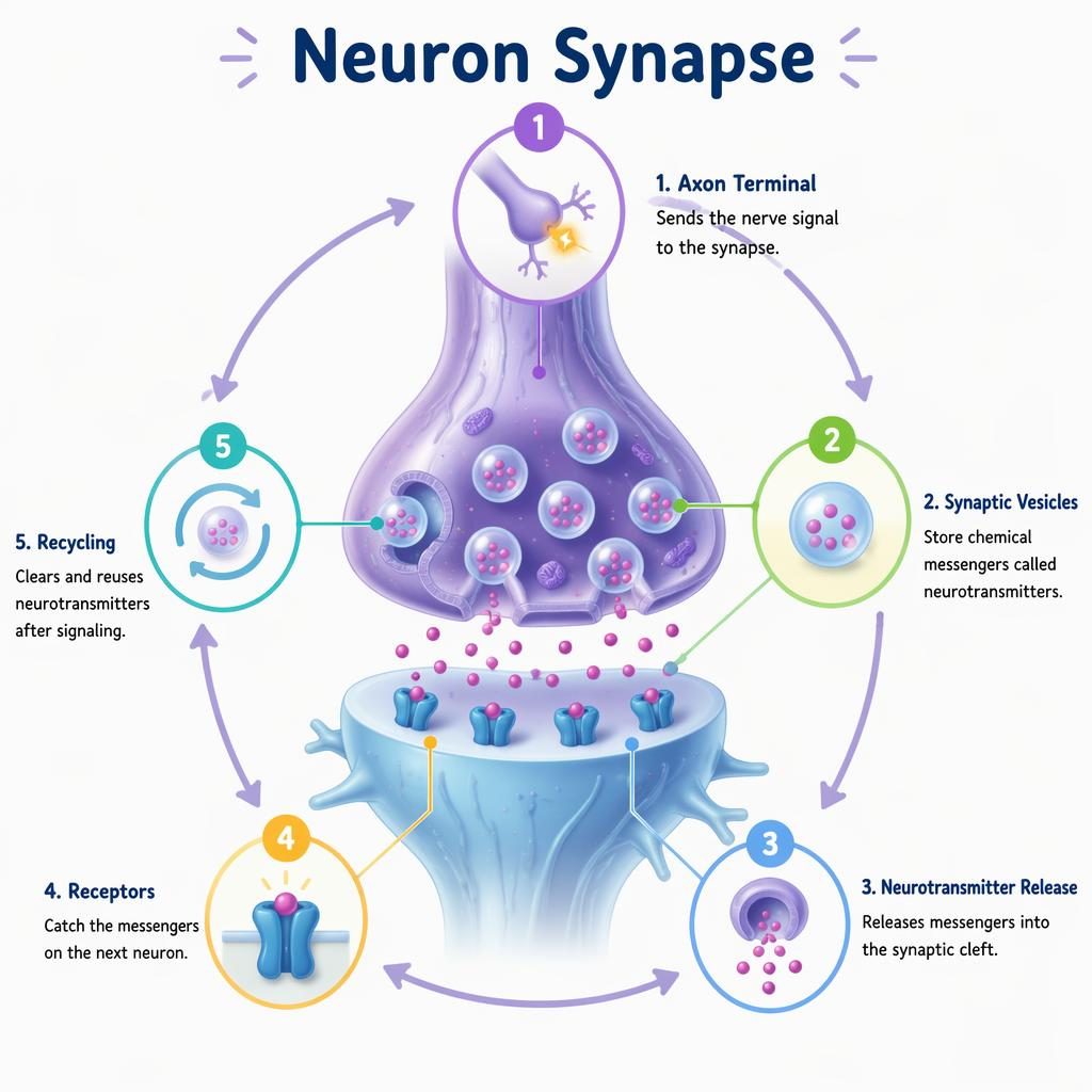 Kid-friendly isometric neuron synapse infographic with 5 labeled stages, circular arrows, pastel colors, and clean text