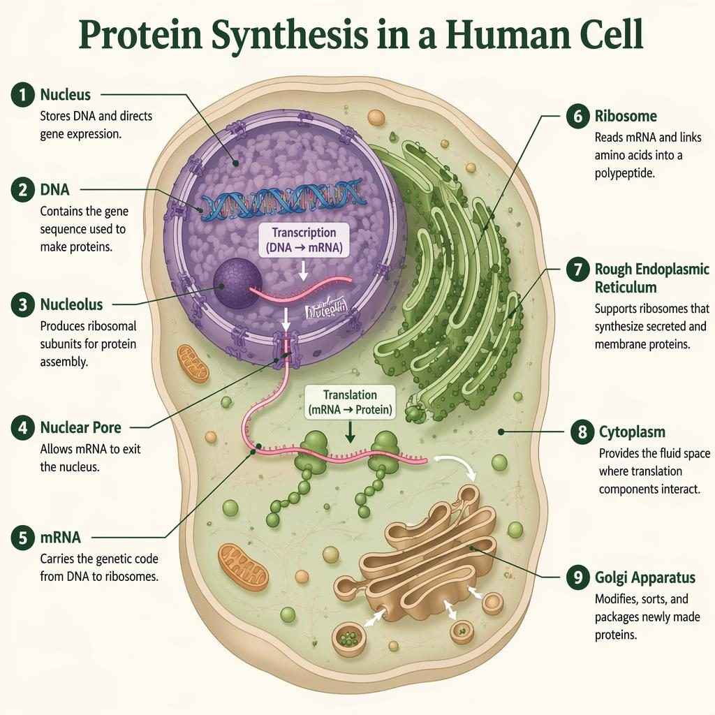 Flat scientific infographic of protein synthesis in a human cell with 9 labeled parts, nucleus, DNA, mRNA, ribosome, ER, cytoplasm, and Golgi.