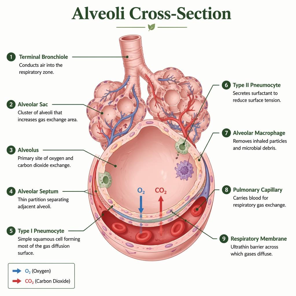 Minimal medical infographic of an alveoli cross-section with 9 labels, bronchiole, alveolar sac, capillaries, and gas exchange arrows.