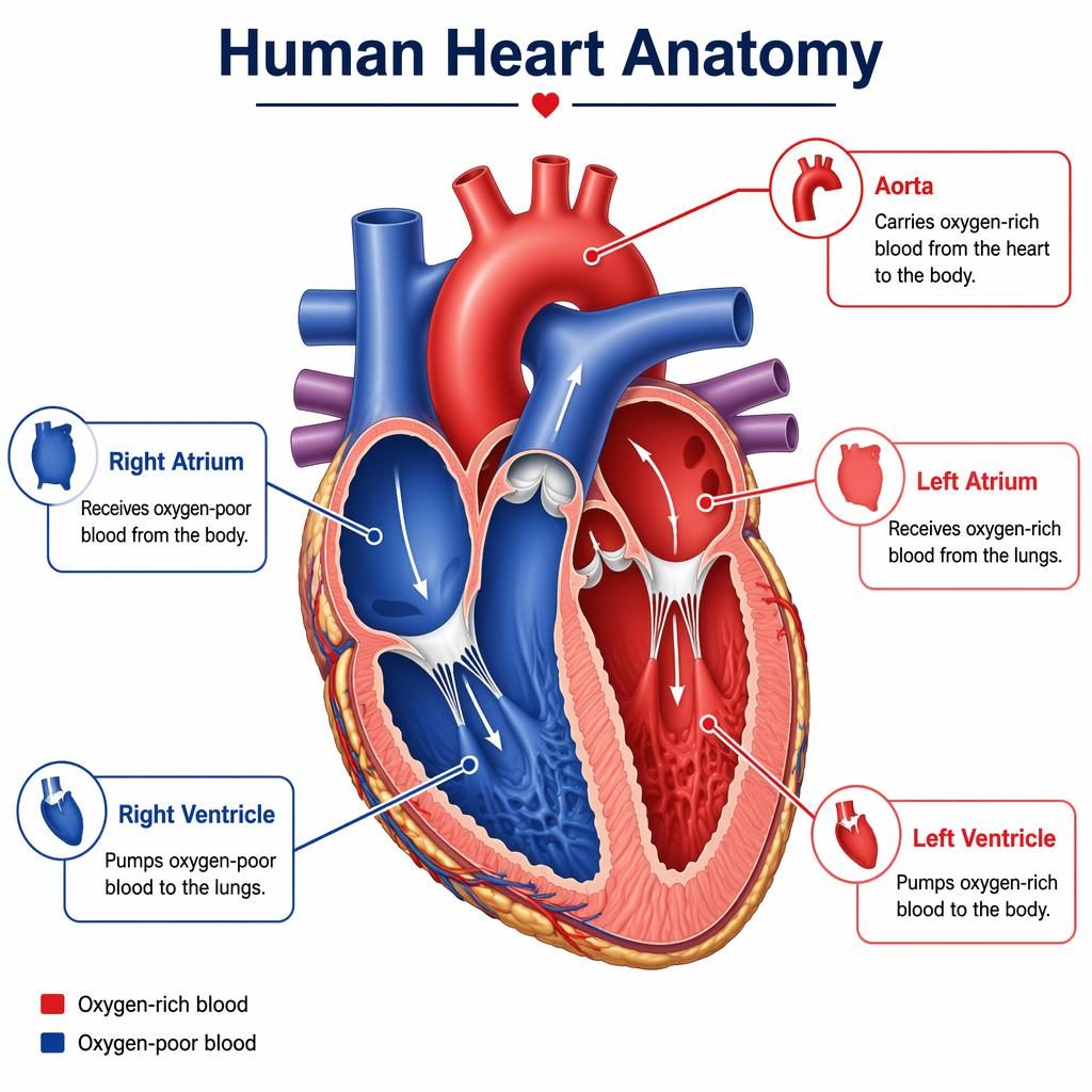 Educational heart diagram infographic with a labeled human heart cross-section, 5 callouts, vessels, valves, and flow arrows.