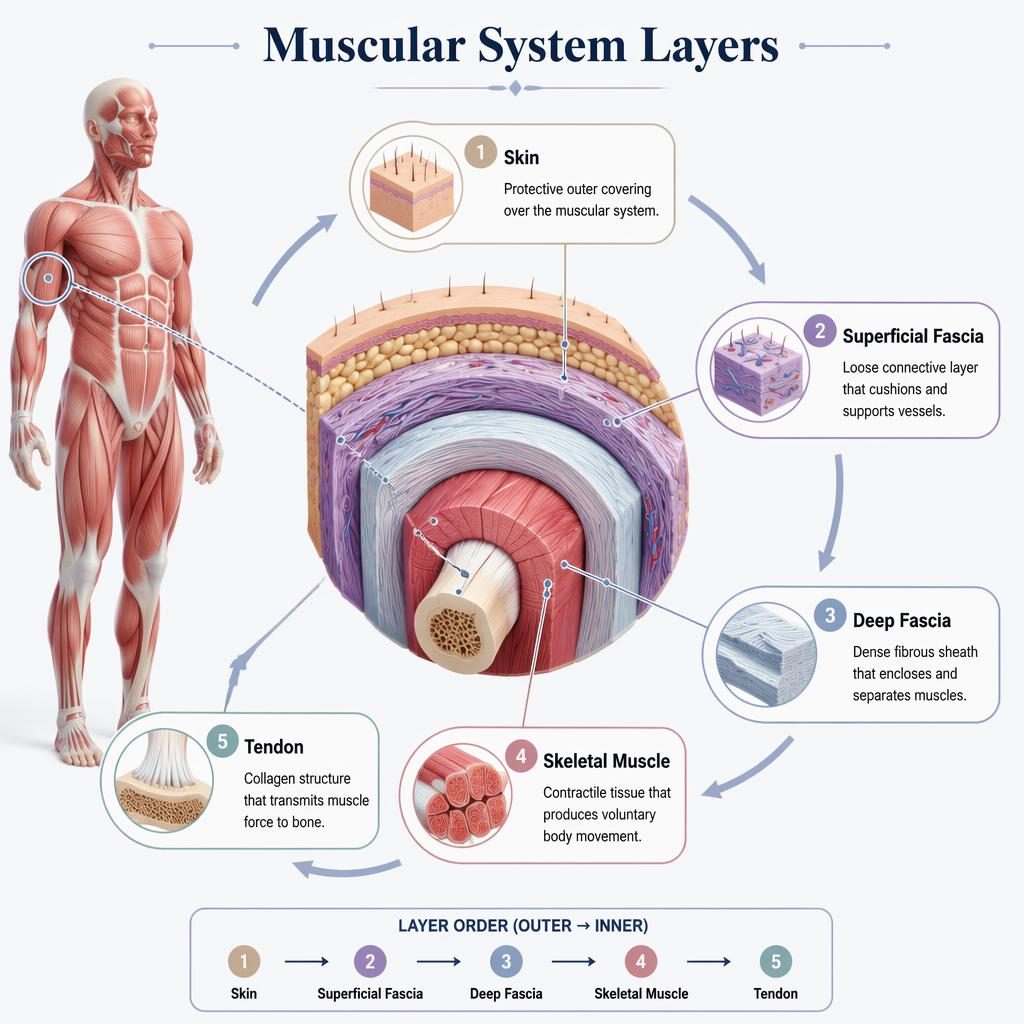 Medical infographic showing isometric 3D human muscular system layers in a circular flow diagram with 5 labeled stages.