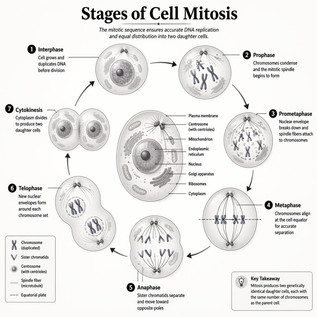 Monochrome biology infographic showing 7 stages of cell mitosis in a circular labeled diagram with arrows and cell division details.