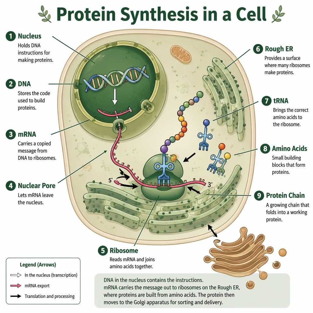 Flat scientific infographic of protein synthesis in a eukaryotic cell with 9 labeled parts, arrows, and English captions.