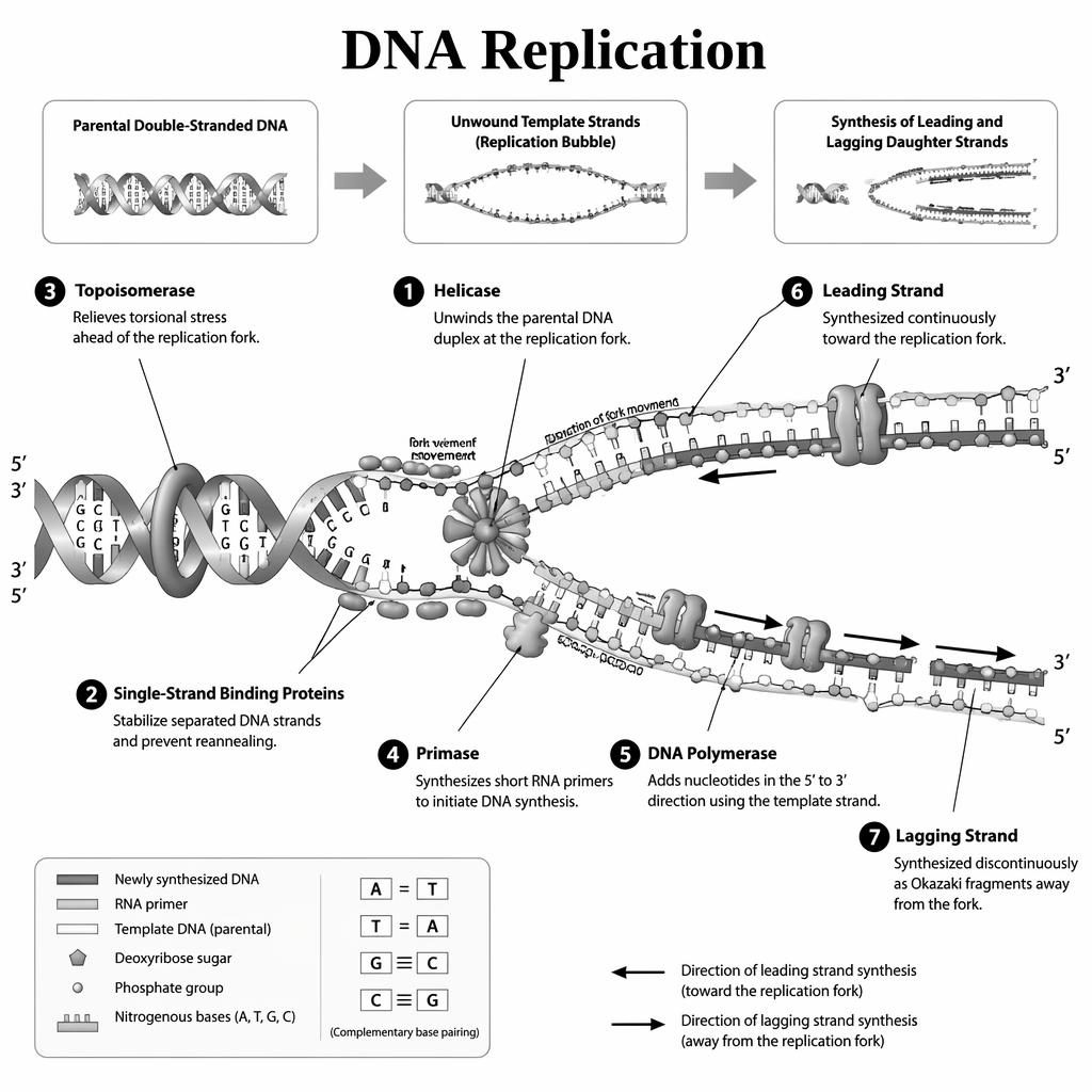 Medical-style DNA replication diagram with 7 labeled parts, replication fork, leading and lagging strands, and polarity arrows.