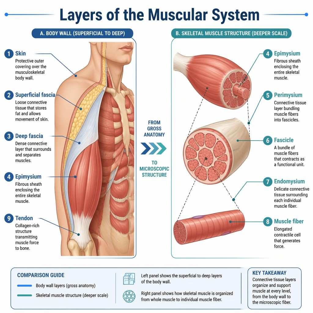 Educational anatomy infographic with torso cross-section and skeletal muscle layer diagram, labeled from skin to fiber.