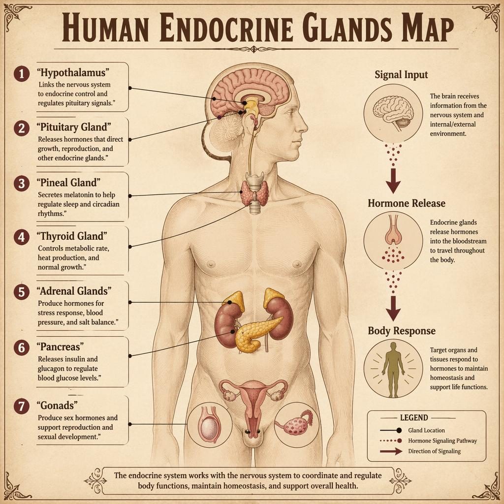 Vintage-style infographic of the human endocrine system with 7 labeled glands, flow arrows, and sepia anatomical plate design.