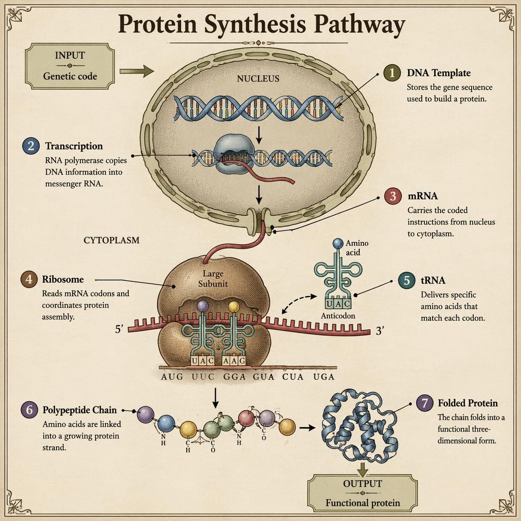 Vintage-style labeled protein synthesis diagram showing DNA, transcription, mRNA, ribosome, tRNA, polypeptide chain and folded protein.