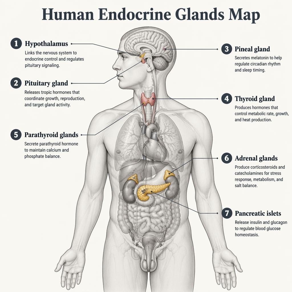 Monochrome medical infographic of a frontal human body showing 7 labeled endocrine glands with leader lines and captions.