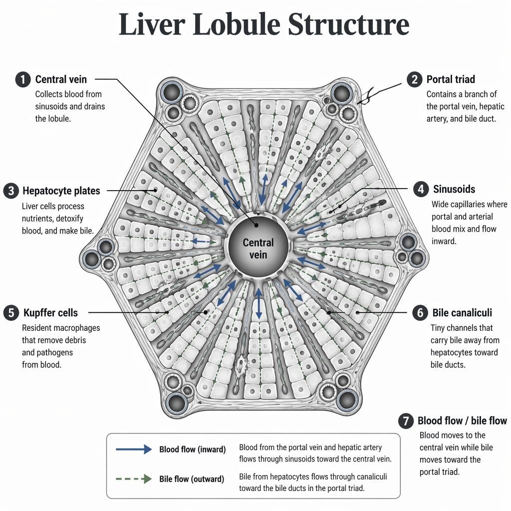 Monochrome medical infographic of a hexagonal liver lobule with 7 English labels, central vein, portal triads, sinusoids, and flow arrows.