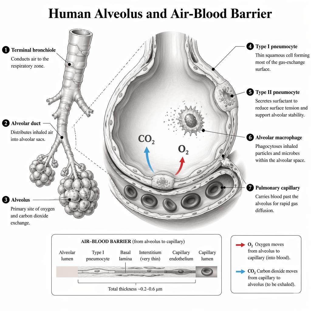 Labeled grayscale medical diagram of a human alveolus, air-blood barrier, bronchiole, alveolar duct, capillary, and cells