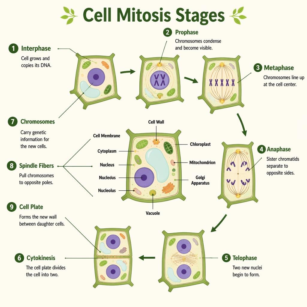 Plant cell functions chart infographic showing 6 mitosis stages and 3 labeled components in a clean flat diagram for kids.