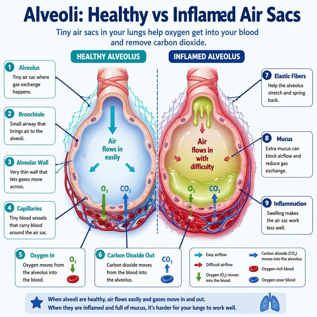 Kids biology infographic comparing a healthy alveolus and an inflamed mucus-filled alveolus with 9 labeled parts.
