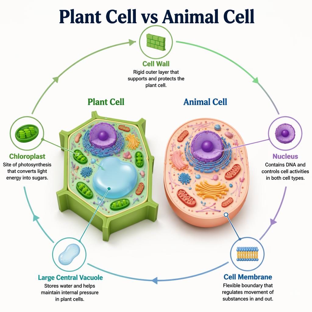 Isometric infographic comparing plant and animal cells with labeled organelles, circular arrows, and pastel scientific styling.