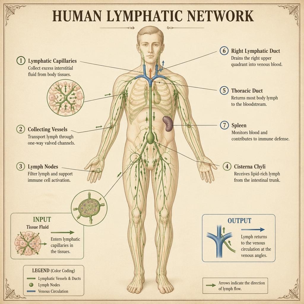 Vintage-style infographic of the human lymphatic network, full-body anterior view with labeled vessels, nodes, ducts, spleen, and flow arrows.