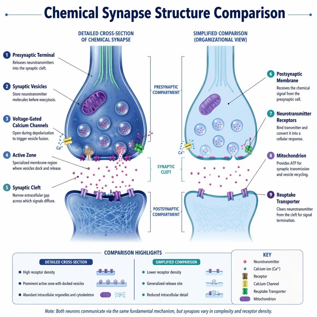 Infografía médica con diagrama celula de sinapsis química, comparación lateral, 9 etiquetas y paleta azul clínica.