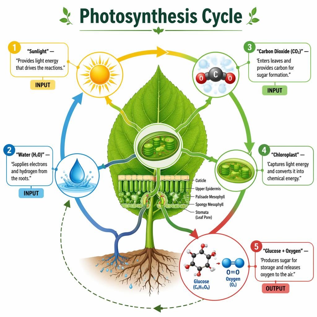 Vector infographic of the photosynthesis cycle with a central chloroplast leaf, 5 labeled stages, icons, arrows, and clean text.