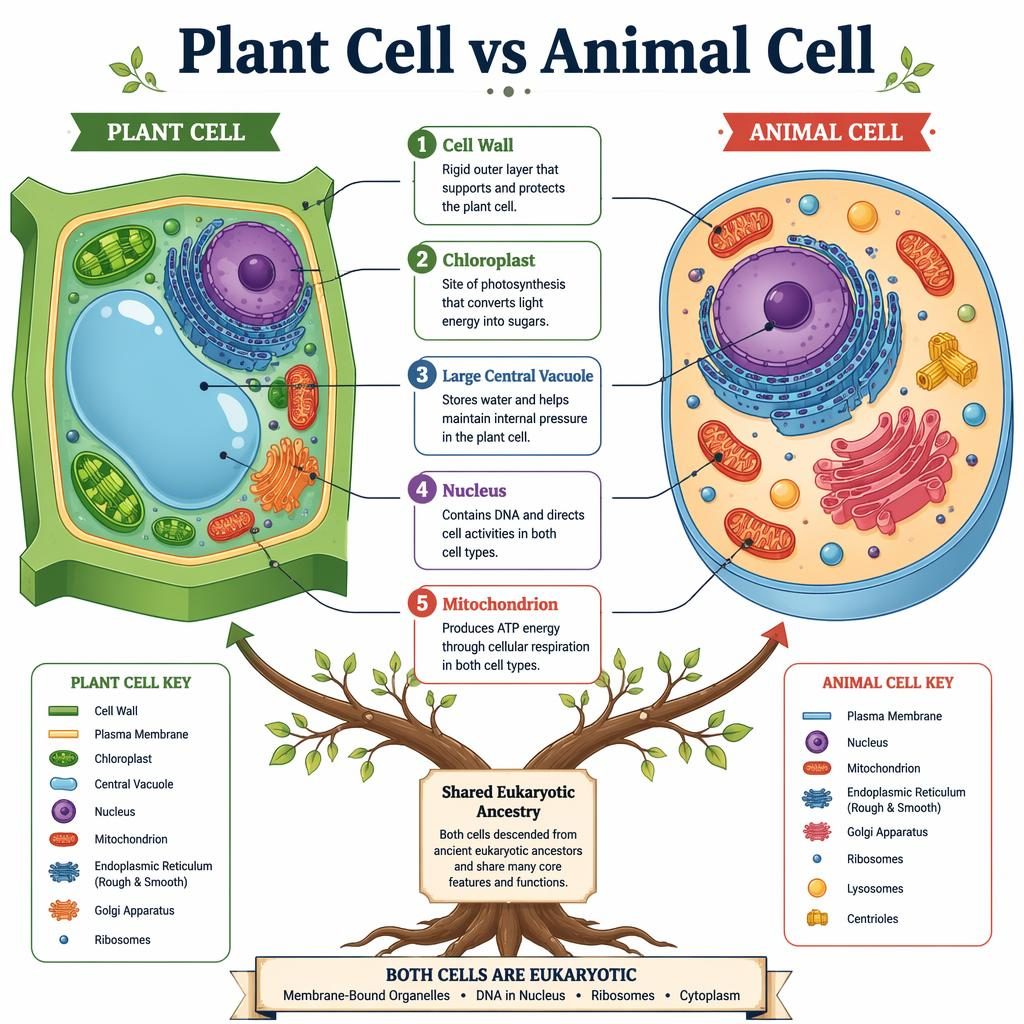 Comparative plant and animal cell diagram with labeled organelles, branching trunk layout, and five English callouts.