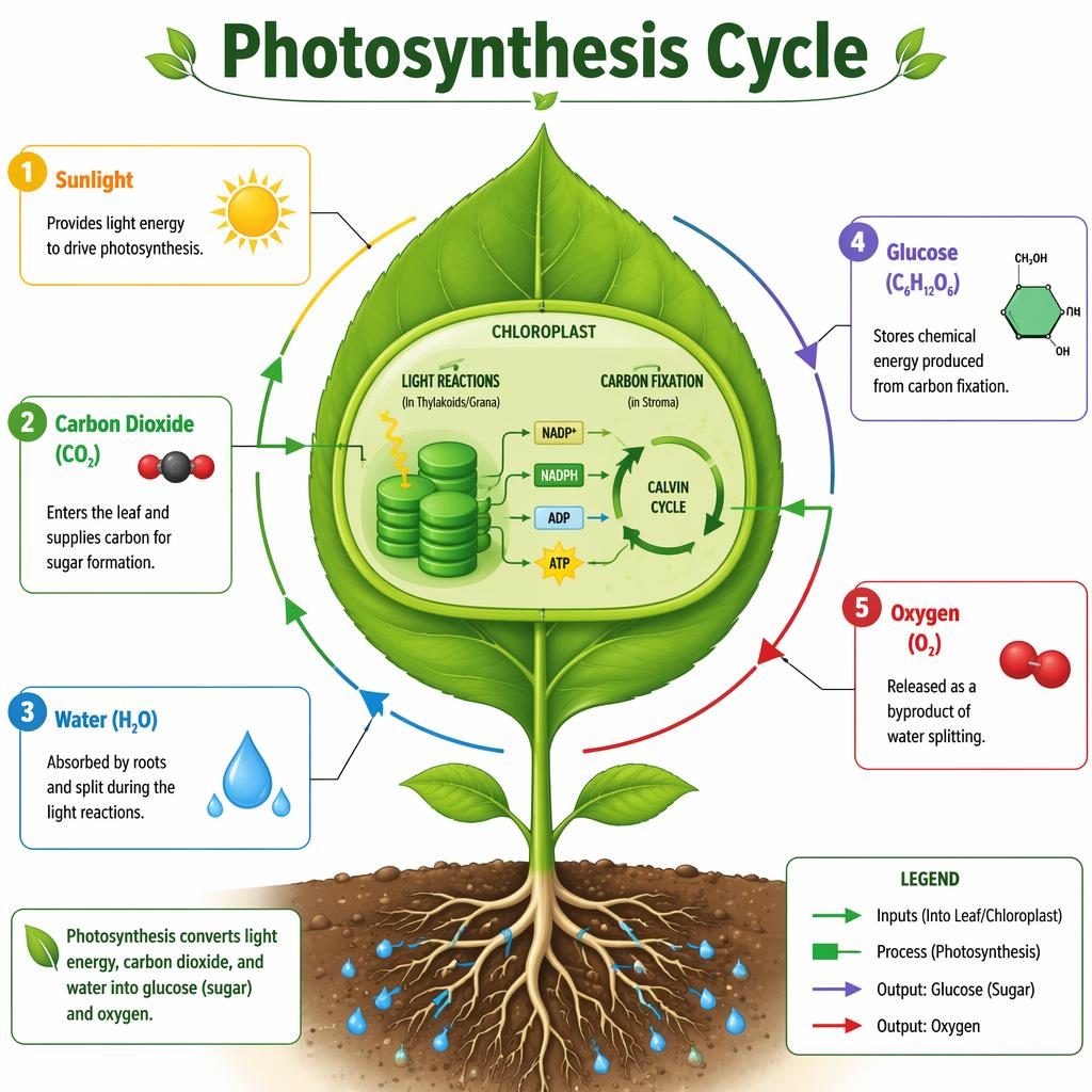 Educational infographic showing a leaf chloroplast diagram with sunlight, CO2, water, glucose, and oxygen flows.