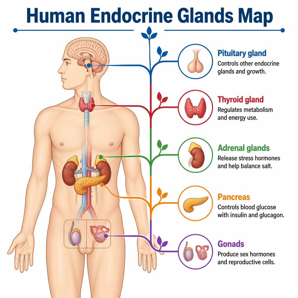 Vector infographic of a labeled human endocrine system with 5 glands, leader lines, and English function captions on white.