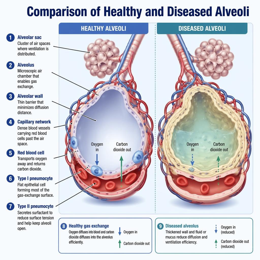 Labeled infographic comparing healthy alveoli and diseased fluid-filled alveoli with gas exchange arrows and 9 parts.