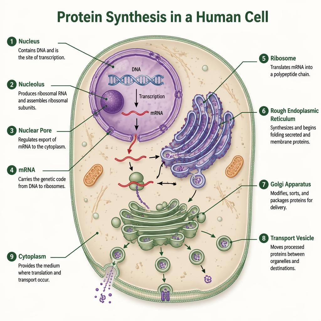 Scientific infographic of protein synthesis in a human cell cross-section with 9 labeled organelles, mRNA flow, and clean vector callouts.