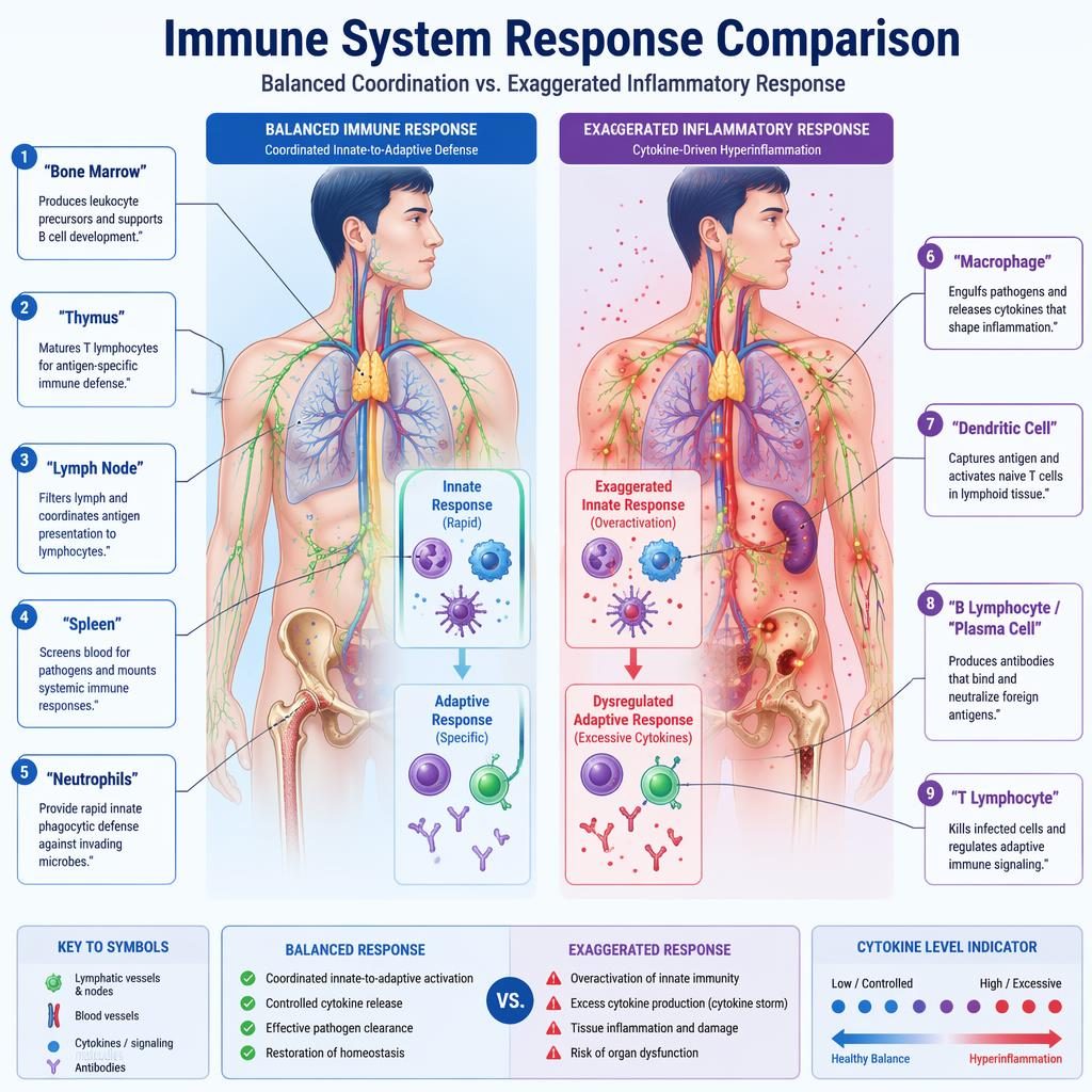 Side-by-side immune response infographic with two torso cutaways, 9 labeled immune components, and inflammation comparison.